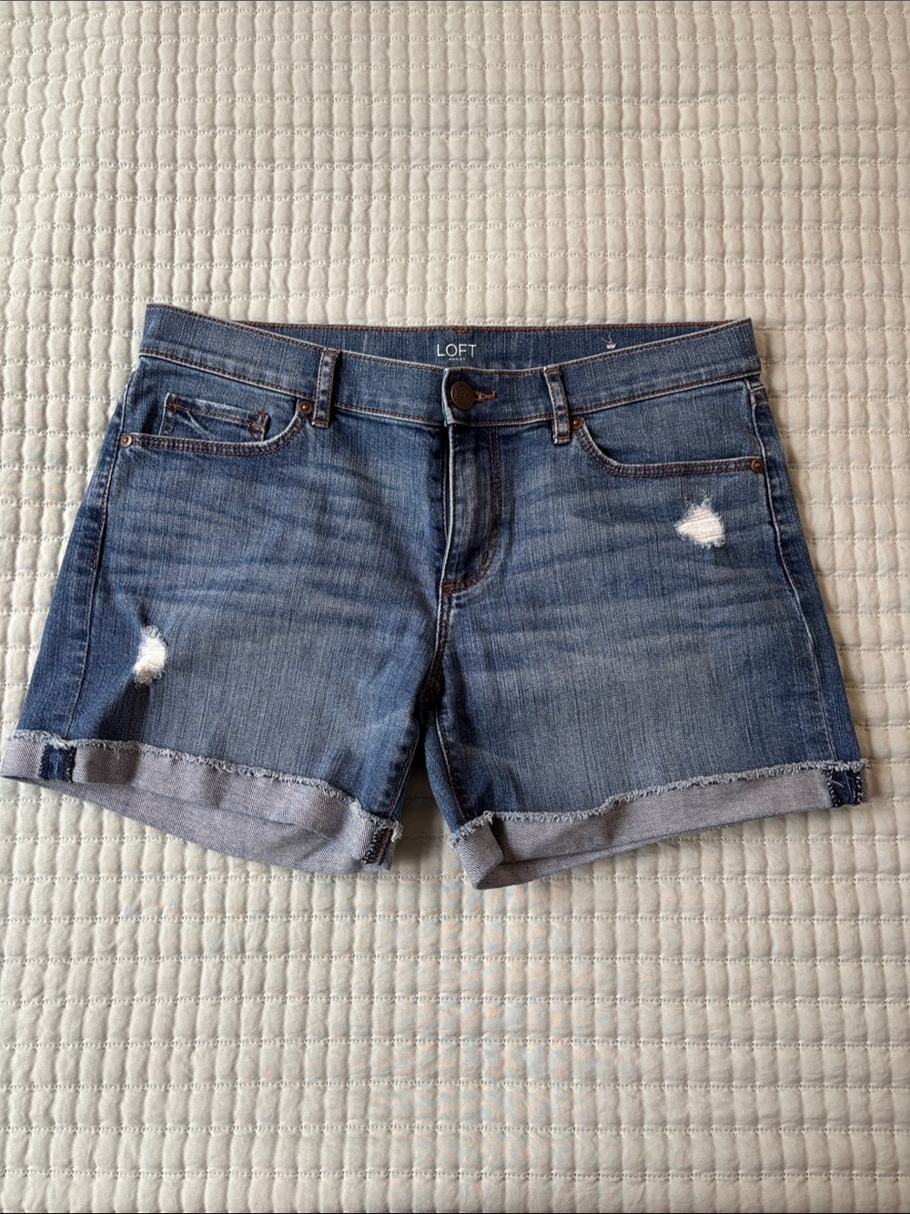 LOFT Blue Distressed Rolled-Hem Denim Shorts 4.5”